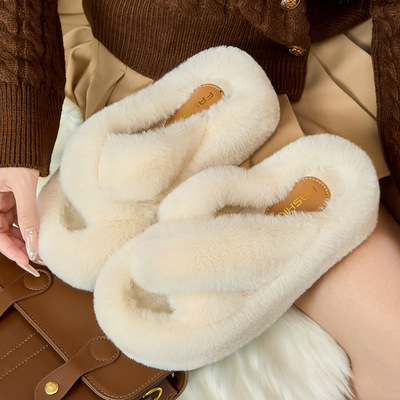 秋冬款交叉毛毛拖鞋女外穿2025新款室内家居家厚底防滑毛茸毛绒鞋