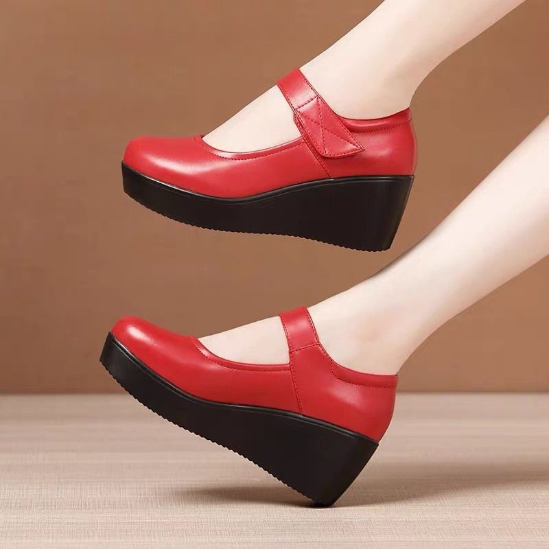 春季浅口坡跟厚底松糕妈妈单鞋女圆头防水台魔术贴软皮舒适工作鞋,女鞋,时尚休闲鞋,淘宝优惠券,粉丝福利购,淘宝优惠卷