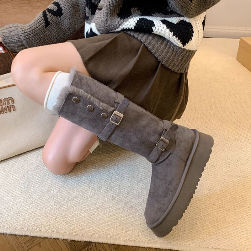 高筒东北大棉鞋女2025冬季新款厚底扣带灰色毛毛翻边长筒雪地靴子