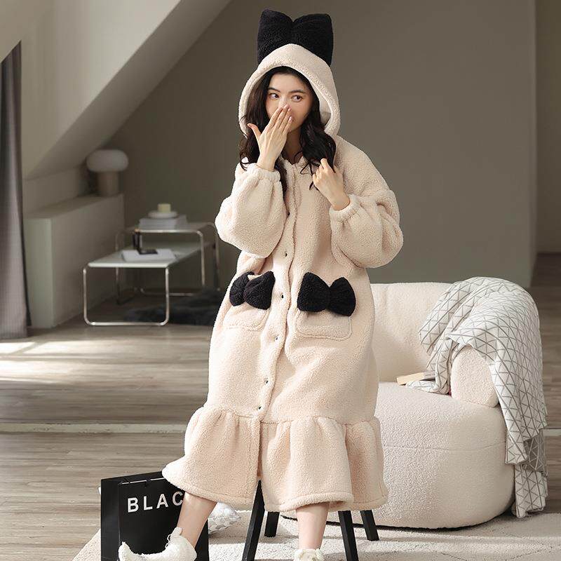 冬季加厚女士长毛绒睡袍保暖法兰绒睡衣珊瑚绒中长款浴袍家居服