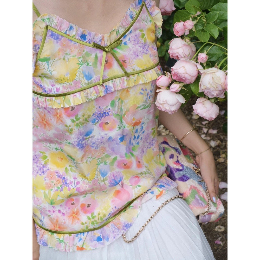 水彩春夏梦幻粉嫩服装女装童装印花布料面料100s长绒棉水晕花海1