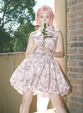 复古法式粉色玫瑰印花碎花公主洛丽塔连衣裙子全棉纯棉布料面料