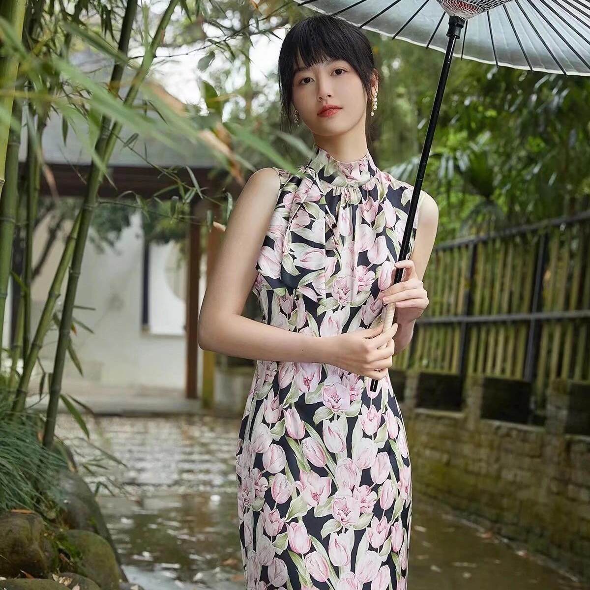 天冉艺纺100s长绒棉全棉艺术印花服装复古布料面料水彩郁金香黑色