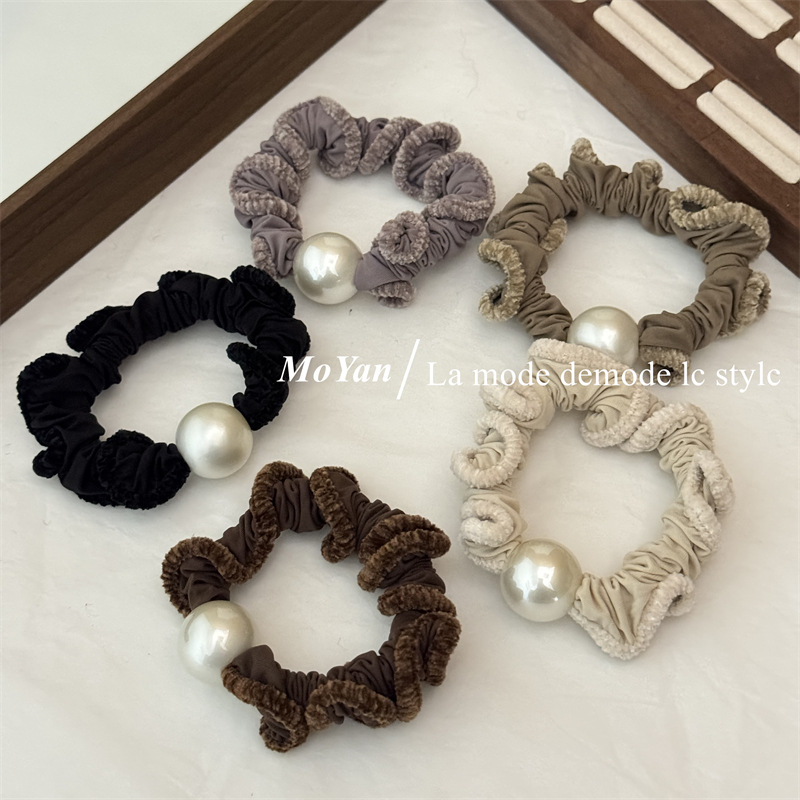 新款毛绒卷边珍珠发圈高级感扎头绳韩版皮筋女气质面膜圈马尾发绳