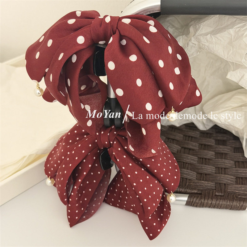 新年暗红色系波点气质蝴蝶结飘带发夹时尚抓夹网红鲨鱼夹百搭发卡,饰品/流行首饰/时尚饰品新,民族风发饰,淘宝优惠券,粉丝福利购,淘宝优惠卷
