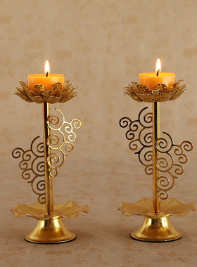 合金烛台摆件中式复古金色一对莲花蜡烛灯家用蜡台