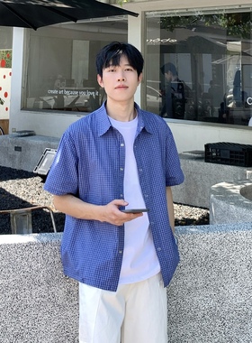 SUNSET 简约抽绳设计感蓝色格子短袖衬衫男夏季休闲宽松慵懒衬衣