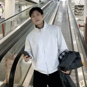 卫衣男生春季 460g重磅白花灰短款 立领开衫 双拉链宽松休闲百搭上衣