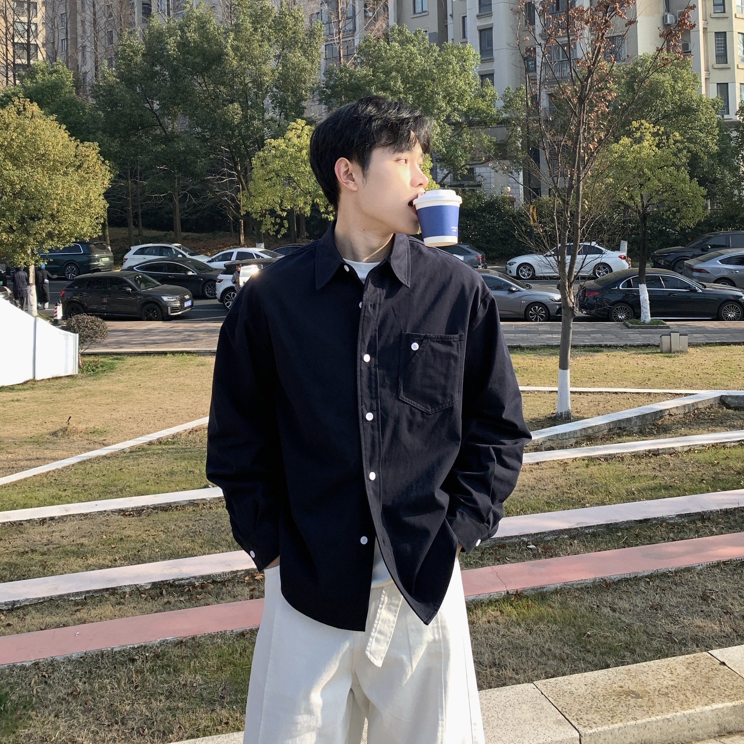 藏青翻领工装口袋长袖衬衫男生2026春季日常简约宽松廓形休闲衬衣,男装,衬衫,淘宝优惠券,粉丝福利购,淘宝优惠卷