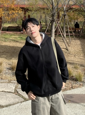 455g重磅黑色开衫连帽卫衣男生2025秋冬拼色宽松休闲百搭帽衫外套