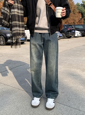 复古蓝色水洗做旧直筒牛仔裤男生春秋季新款宽松百搭休闲长裤子