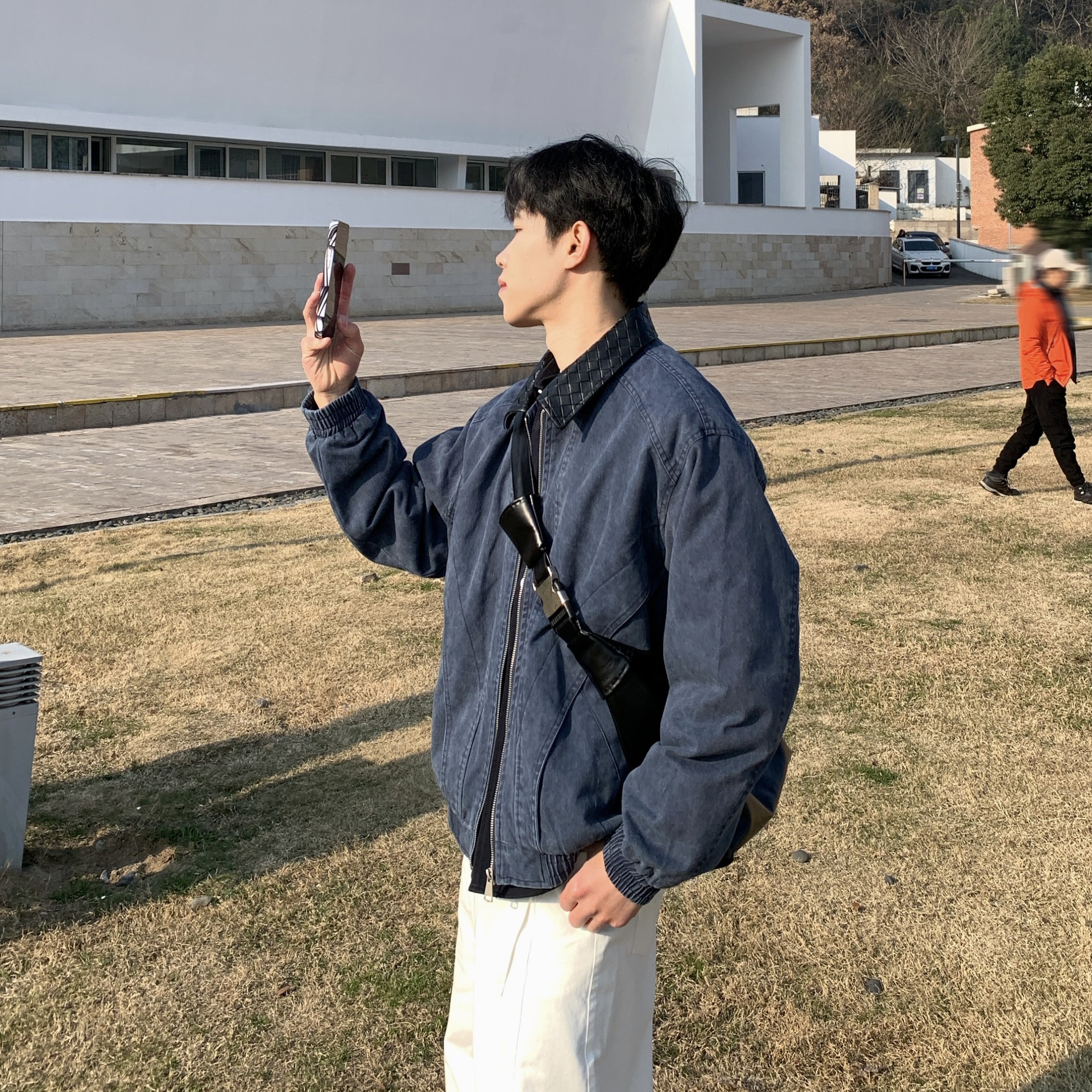 藏青解构拼接皮翻领夹克男生2026春季新款撞色水洗纯棉工装外套潮,男装,夹克,淘宝优惠券,粉丝福利购,淘宝优惠卷