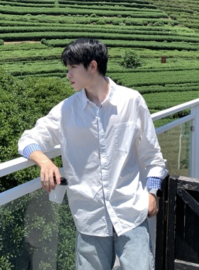简约设计感假两件拼接长袖衬衫男生2026夏季少年感慵懒休闲衬衣