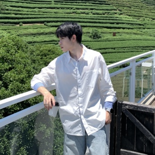 简约设计感假两件拼接长袖衬衫男生2026春季少年感慵懒休闲衬衣