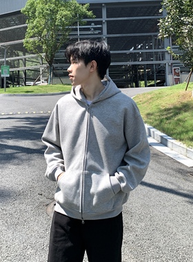 SUNSET 重磅420g灰色开衫连帽卫衣男秋季双拉链宽松百搭帽衫上衣