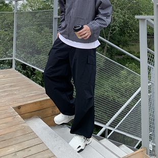 SUNSET 简约黑色松紧腰褶皱抽绳工装裤男生秋季宽松休闲百搭长裤