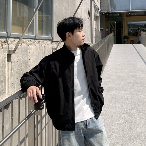 黑色短款立领拉链夹克外套男春秋