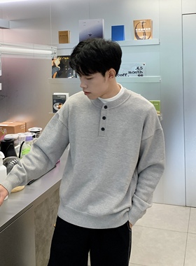 灰色亨利领加厚毛衣内搭男生秋冬2025新款日常慵懒宽松套头针织衫