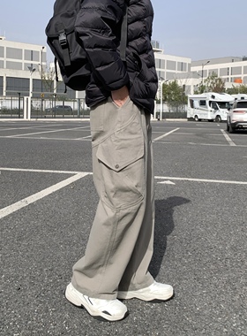 450g重磅灰色大口袋工装裤男生秋冬2025新款宽松阔腿百搭休闲长裤