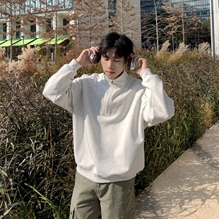 花灰色立领半拉链套头卫衣男生2026春季简约宽松慵懒休闲百搭上衣