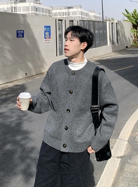 深灰色口袋开衫圆领毛衣男生2025秋冬高级感慵懒风宽松休闲针织衫