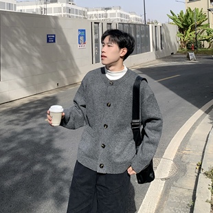 深灰色口袋开衫圆领毛衣男生2025秋冬高级感慵懒风宽松休闲针织衫