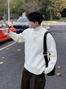 重磅半拉链白色立领毛衣男生秋冬2025新款日常慵懒休闲套头针织衫