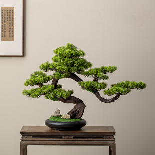 新中式 饰品摆件 仿真迎客松实木假树绿植盆景玄关客厅办公室桌面装
