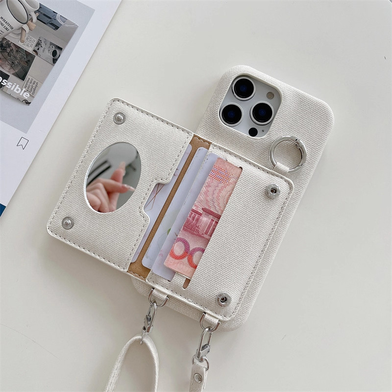 适用苹果17promax手机壳斜挎挂绳iphone16pro牛仔纹全包防摔保护套15plus插卡零钱包14pm带镜子13女12新款por