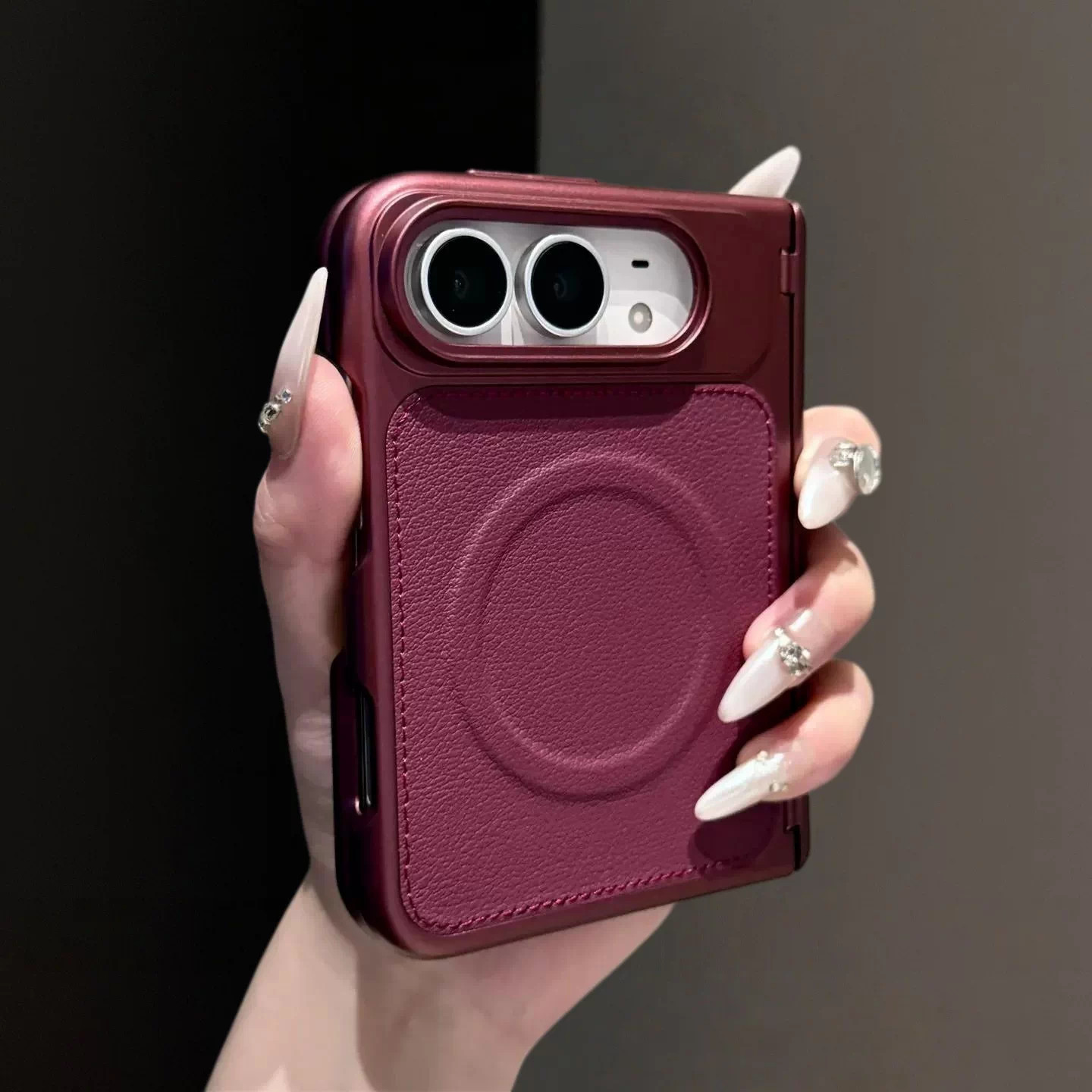 适用iPhone Duo手机壳新款苹果折叠屏双中轴全包防摔磁吸保护皮套iphoneduo高级感ins复古酒红色男女商务外壳