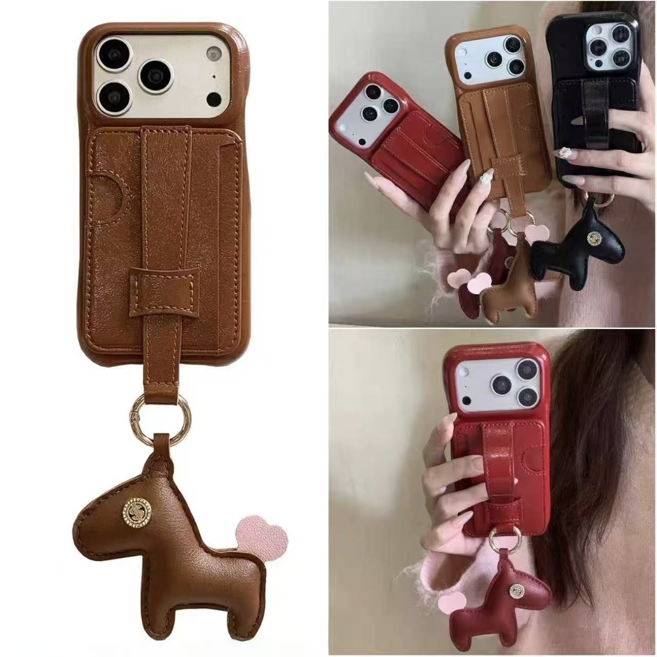 适用苹果17promax手机壳新款可插卡零钱包iphone16pro全包防摔腕带支架保护皮套15pm高级感14小马挂坠女外壳p