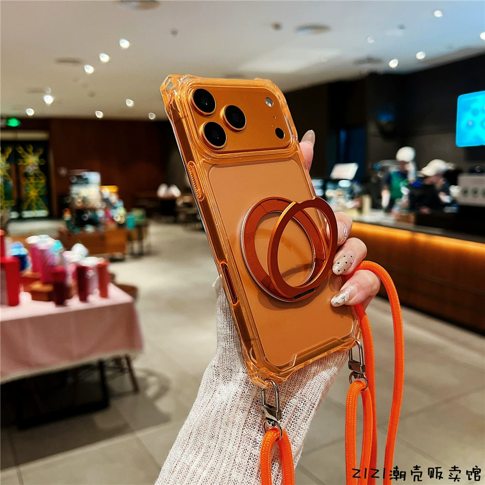 适用苹果17promax手机壳新款斜挎iPhone16pro全包防摔透明软胶保护套15pm磁吸旋转支架ip14带挂绳13女外壳por