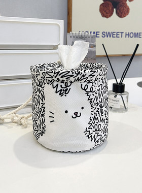 韩式猫咪线条圆筒纸巾盒可爱卷纸盒客厅餐厅创意布艺卷纸收纳盒