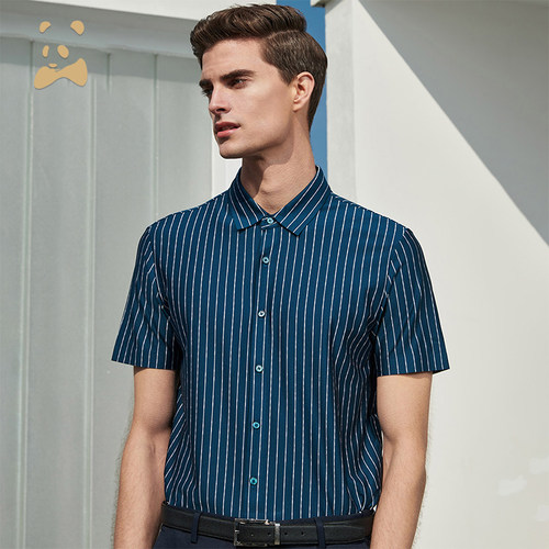 短袖商务竖条纹弹力休闲衬衣