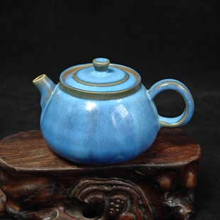 钧瓷名家陈俊才手工炭烧湖蓝色窑变精品茶壶原矿中式茶壶