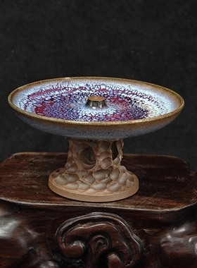 钧瓷名家常远纯手工紫色孔雀羽窑变精品高脚香插盘摆件原矿中式