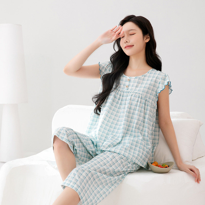 芬腾睡衣女夏季纯棉无袖七分裤套装韩版甜美可爱格子大码家居服夏