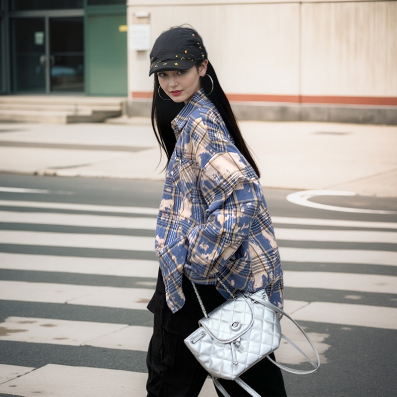 WENTING 蔚蓝澄澈  蓝色格子水墨扎染衬衫女秋季宽松美式外套