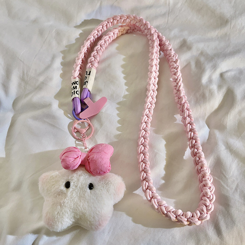 可爱卡通粉蝴蝶结星罗猫公仔手机壳编织尼龙斜跨长绳户外结实耐用挂链CCD相机拍立得侧背挂脖便携挂绳ins风女