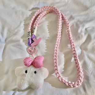 可爱卡通粉蝴蝶结星罗猫公仔手机壳编织尼龙斜跨长绳户外结实耐用挂链CCD相机拍立得侧背挂脖便携挂绳ins风女
