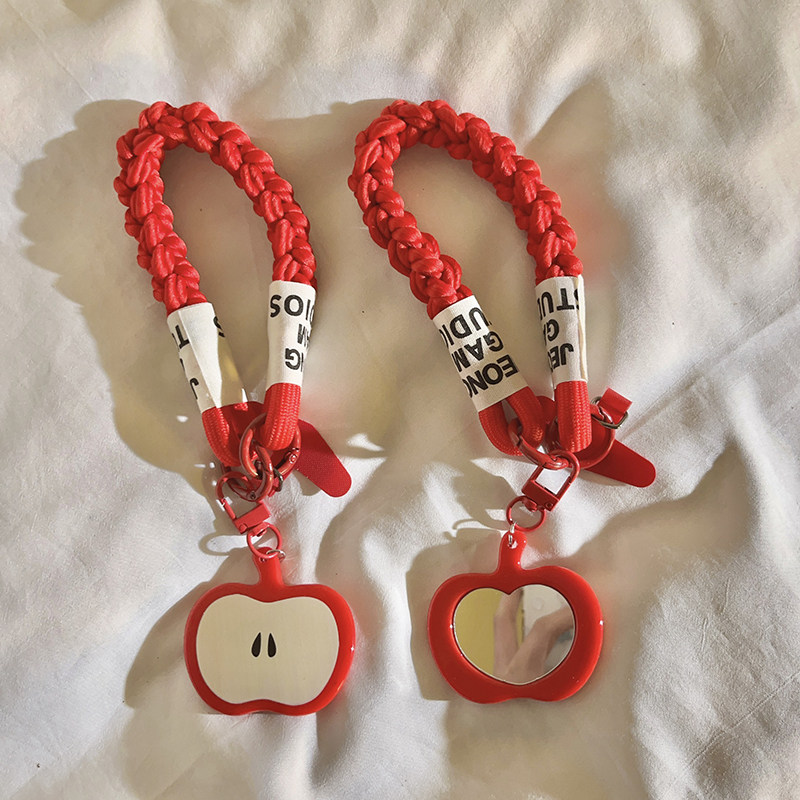 ins趣味卡通立体大号红苹果镜子挂件编织带尼龙短款手绳适用于手机壳百搭手提防丢钥匙扣ccd可爱女款便携手腕,3C数码配件,手机挂件/手机链,淘宝优惠券,粉丝福利购,淘宝优惠卷