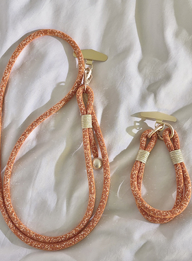 DIY潮流个性橙色闪钻斜跨长绳适用于手机壳多功能短款手机链金属夹片多功能户外结实耐用ccd相机便携侧肩女款