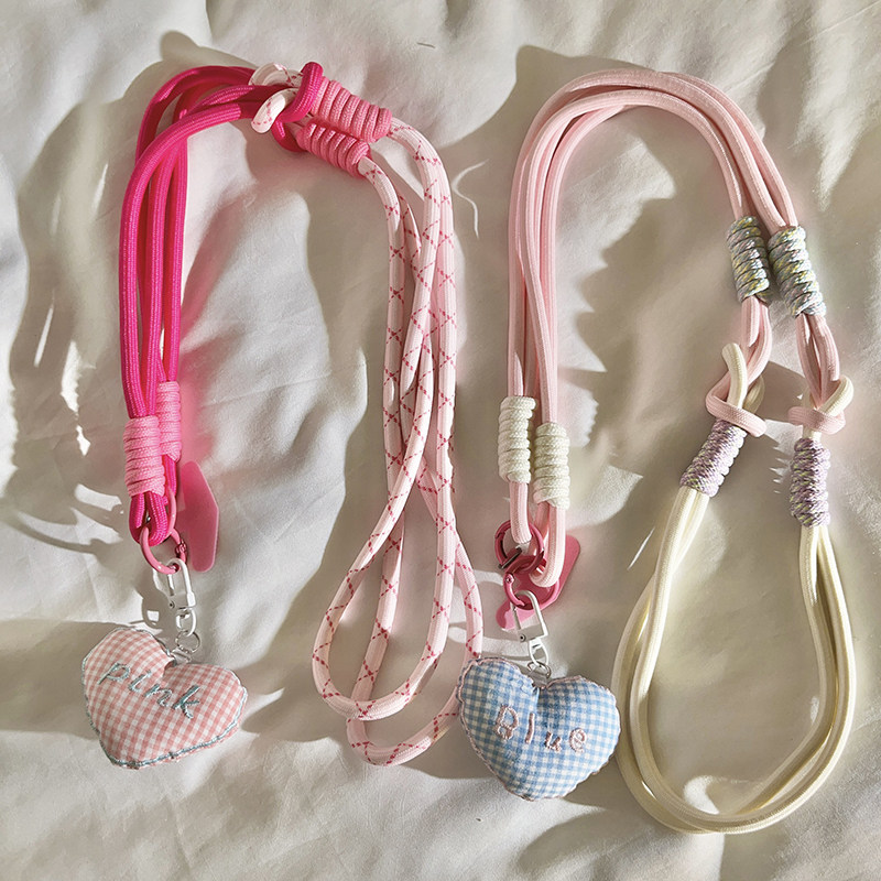 日韩ins少女心立体格子爱心挂件编织带尼龙斜跨多功能长绳适用于手机壳百搭户外结实耐用ccd相机便携侧肩背带