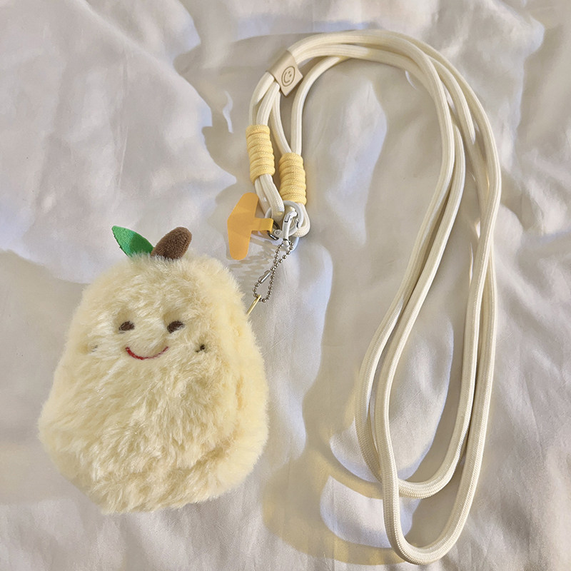 可爱秋冬毛绒雪梨零钱包手机壳编织尼龙斜跨长绳秋冬ins卡通女款小巧学生收纳车钥匙扣耳机挂链便携侧背挂脖