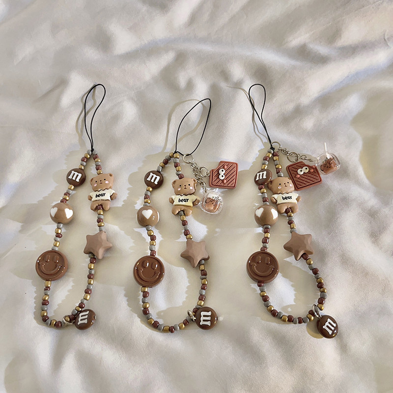 ins风棕色小熊笑脸手工串珠手链适用手机壳挂件短款手绳百搭挂饰挂链ccd相机挂坠日韩卡通可爱女便携挂绳E56