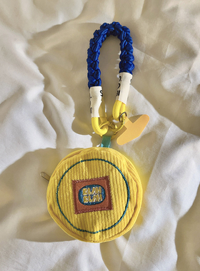 个性多功能黄色圆形SL零钱袋编织短款尼龙手绳适用手机壳百搭创意迷你小巧收纳苹果蓝牙耳机便携ccd手腕挂链