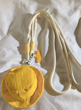 手机壳配饰立体黄色条纹帽子包长绳适用于手机挂件CCD拍立得挂饰收纳零钱袋汽车钥匙扣耳机便携侧背挂脖斜跨