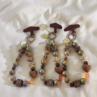 网红ins潮流个性豹纹棕色珠珠手链挂件适用于手机壳DIY手提防丢挂饰CCD相机挂绳腕带手环复古女款便携挂链531