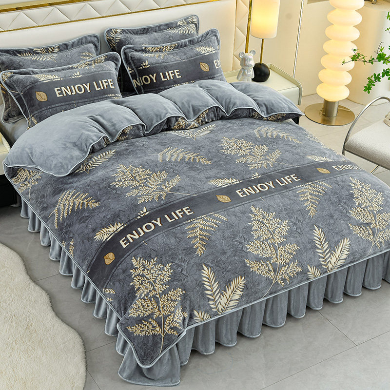 冬季牛奶绒床裙四件套加厚双面法兰珊瑚绒加绒床单被套床上用冬天