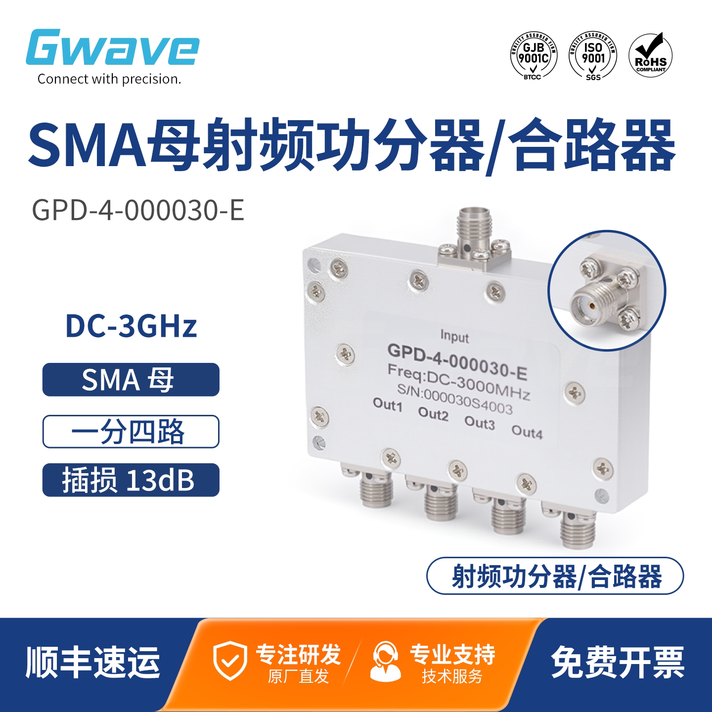谷波互连SMA母射频微带功分器一分四 DC-3GHz 2W GPD-4-000030-E